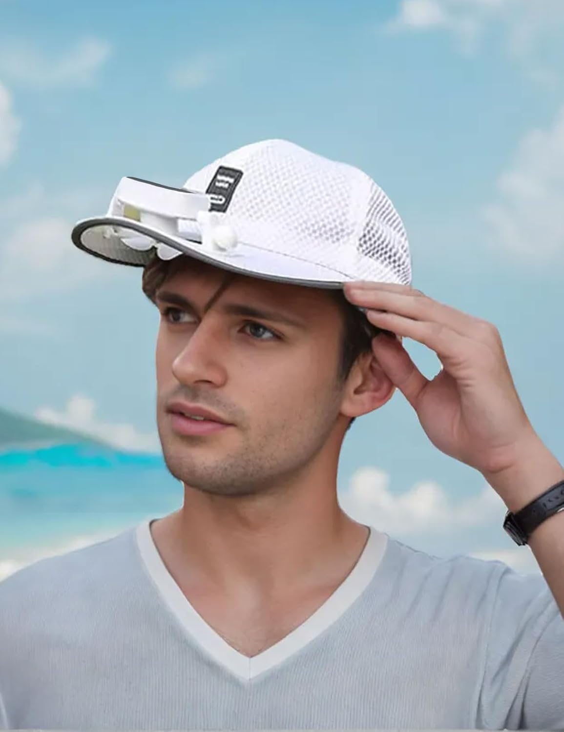 Mens Baseball Cap with Solar Fan, Summer UV Protection Wide Brim Sun Hat Mesh Beach Hats, Solar Powered/USB Charging