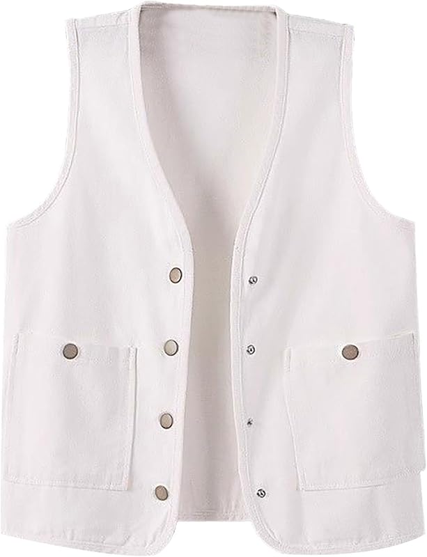Womens Sleeveless Denim Vest V Neck Button Down Jean Waistcoat Y2K Casual Trendy Loose Fit Lightweight Jackets with Pockets
