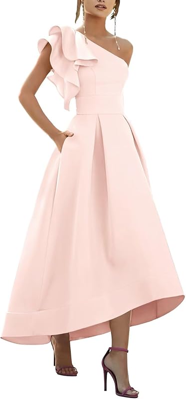 One Shoulder Satin Mother of Bride Dresses 2025 High-Low Ruffle Formal Evening Party Gowns