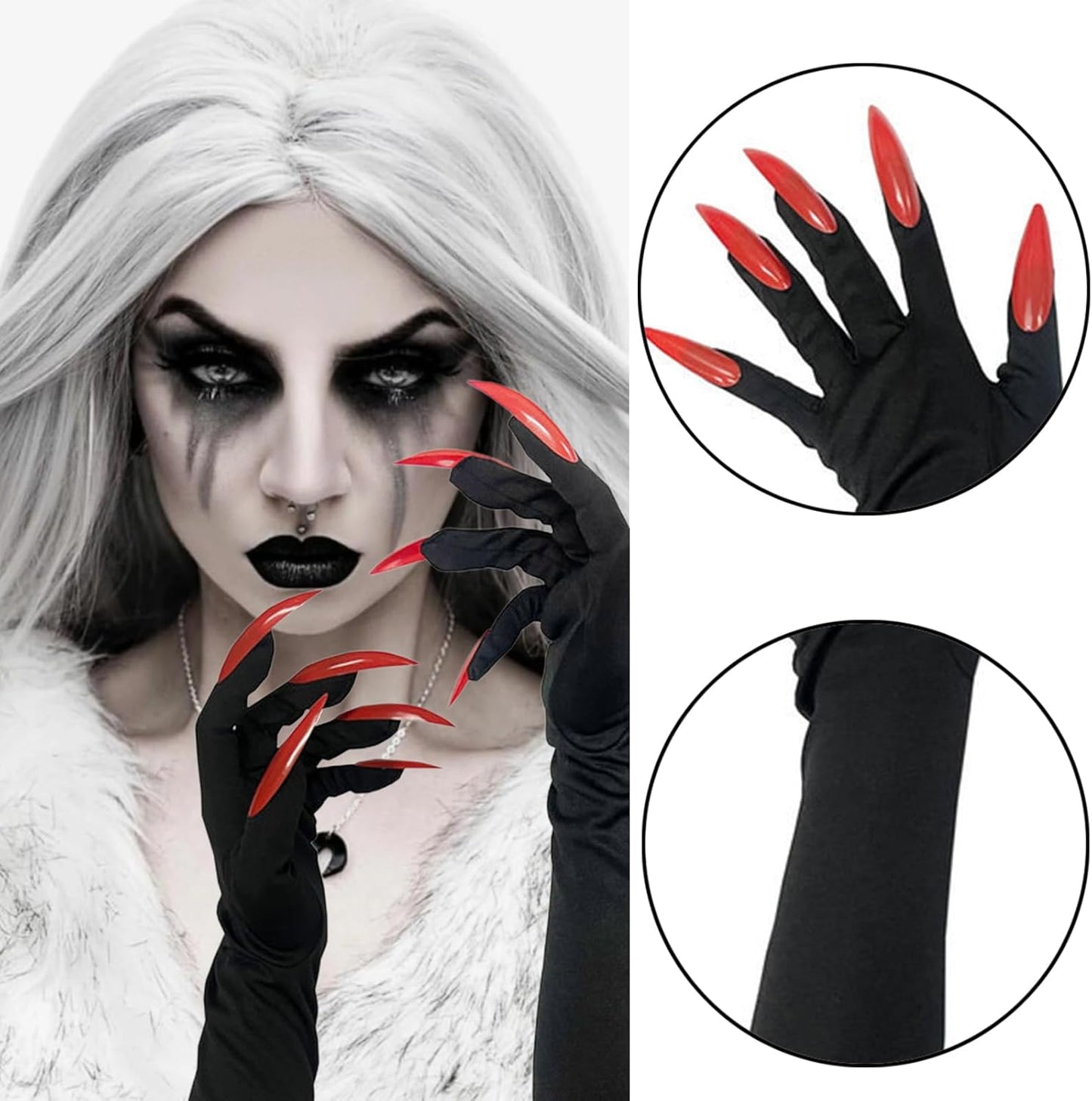 Red Long Nail Ghost Gloves - Witch Claw Gloves with Long Fingernails for Carnival Halloween Party Cosplay Costume Decoration Accessories