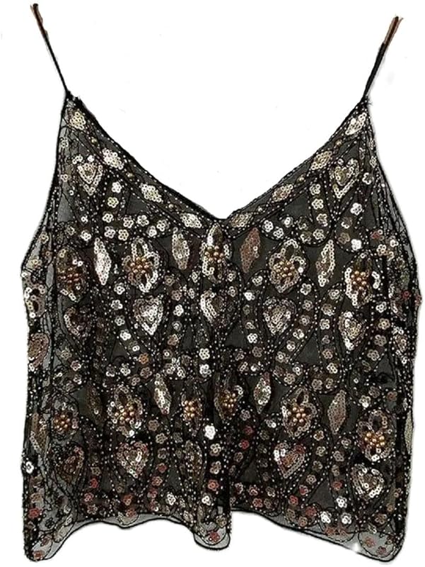 Women Y2K Sequin Cami Top Sexy Sparkly V Neck Tank Top Backless Glitter Crop Tops Floral Rhinestone Clubwear