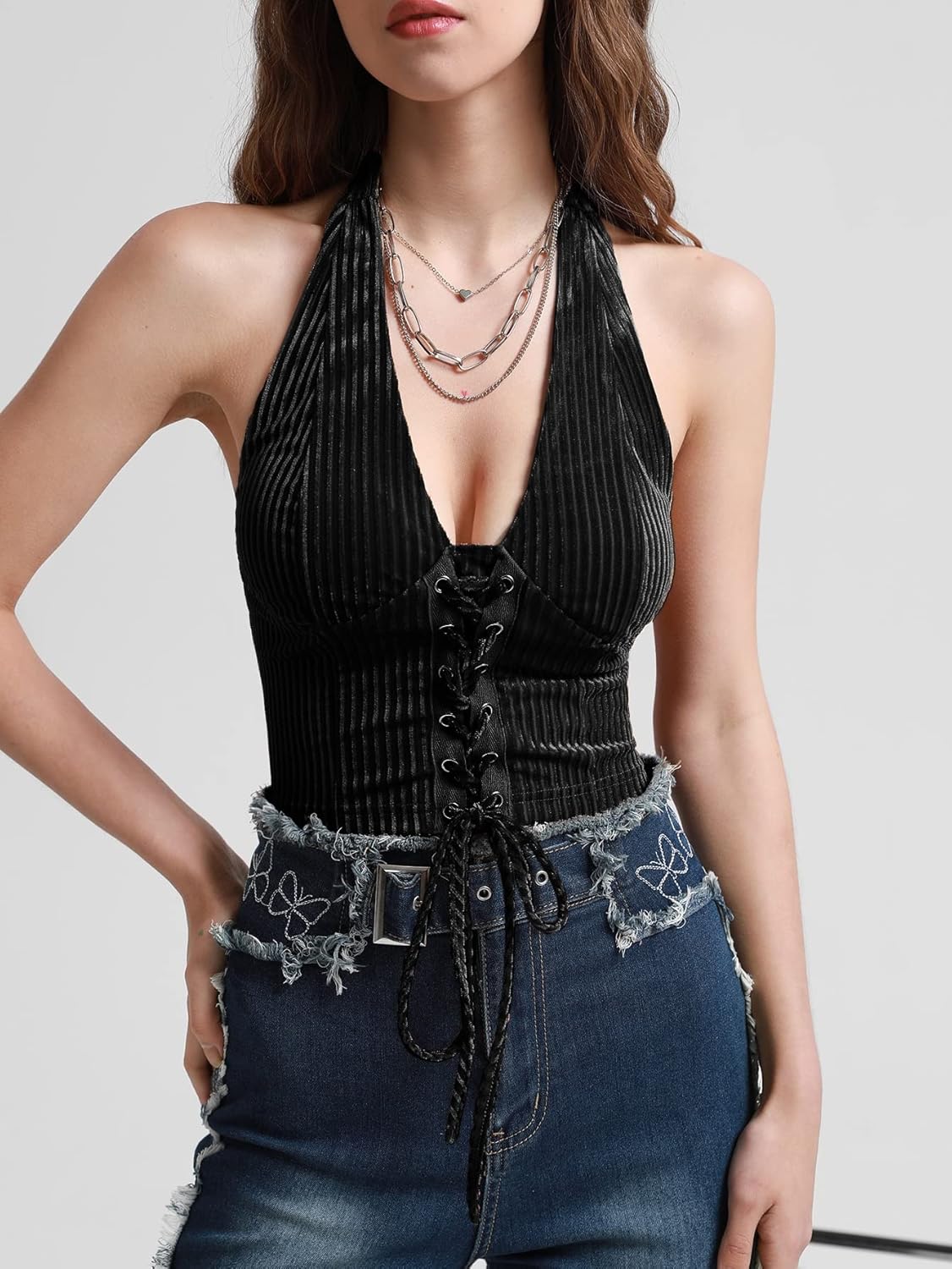 Verdusa Women's Going Out Halter Corset Tops Sleeveless Lace Up Open Back Crop Top