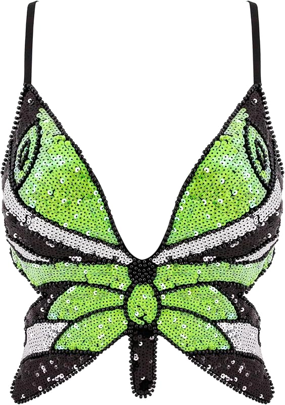 Mocure Womens Glitter Sequin Butterfly Crop Top Low-Cut Tank Top Rave Tube Vest Top for Belly Dance Costume Outfits