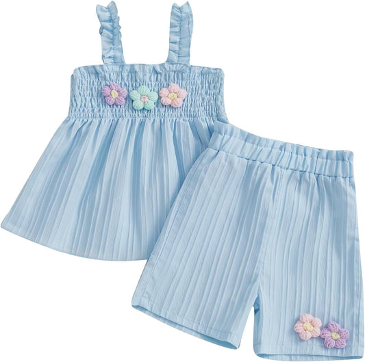 Toddler Baby Girl Summer Outfit 3D Flower Embroidery Smocked Sleeveless Tops Elastic Waist Shorts 2Pcs Clothes Set