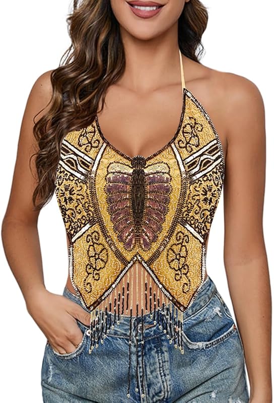 Mocure Womens Glitter Sequin Butterfly Crop Top Low-Cut Tank Top Rave Tube Vest Top for Belly Dance Costume Outfits