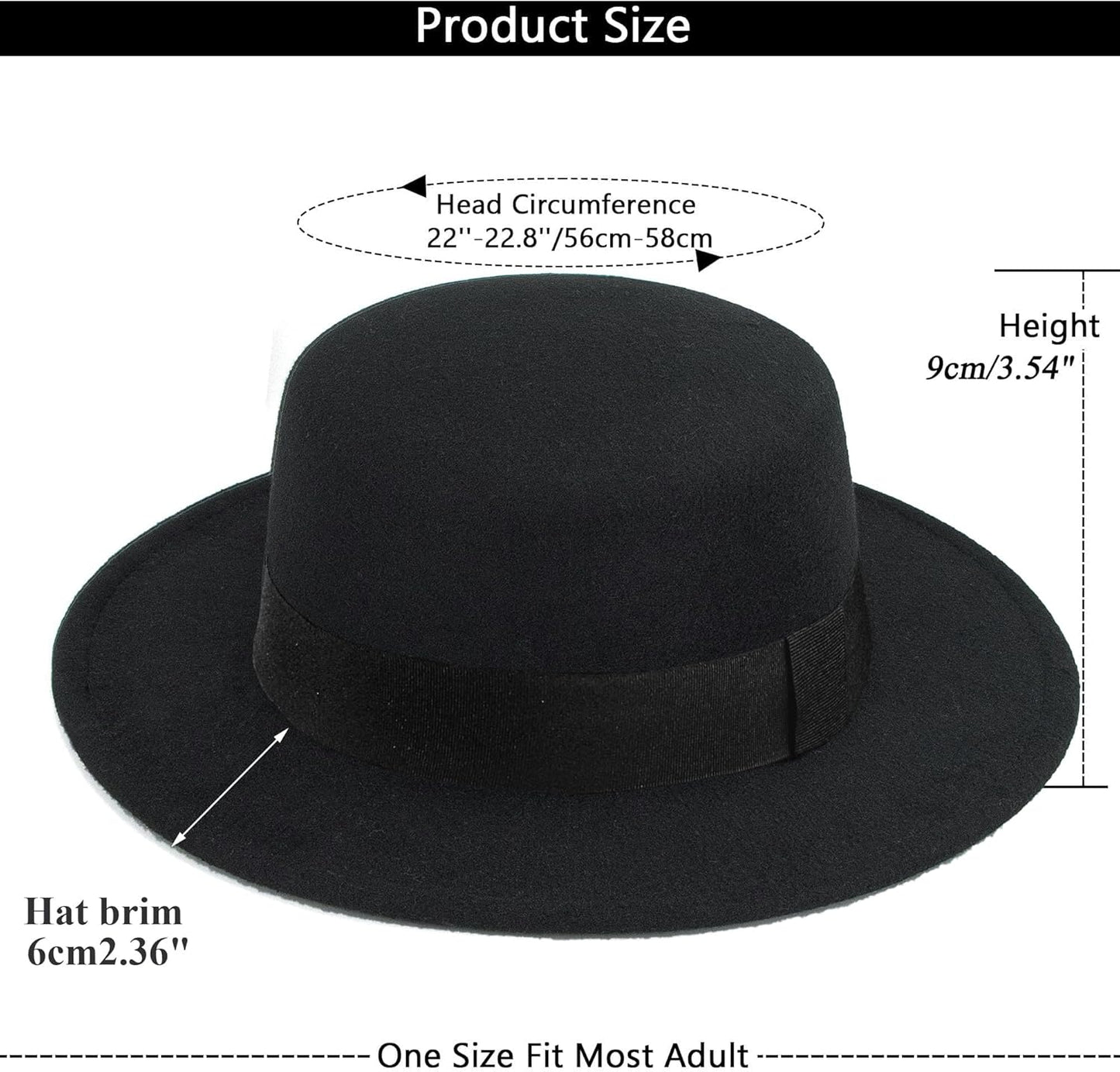 Classic Black Flat-Top Fedora Hat Wide-Brim Pork-Pie Hat Boater Hat Church Dery Cap for Women Men