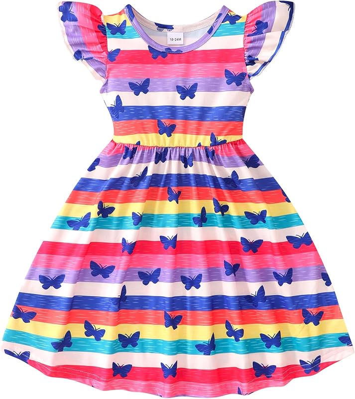 Toddler Little Girls Casual Dresses Short Sleeve Crew Neck Graphic Cartoon Dress for 2-8 Years