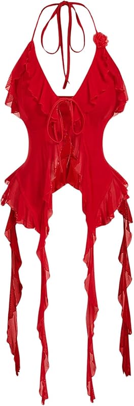 WDIRARA Women's 3D Flower Tie Front Ruffle Trim Halter Top Tie Backless Camisole