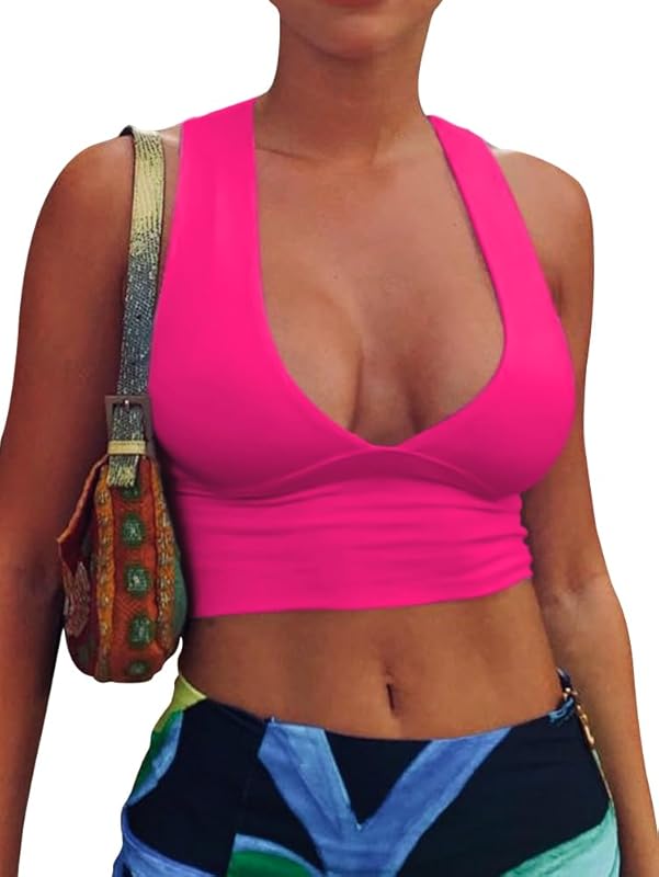 AEPEBO Sexy Crop Tops for Women Deep V Neck Back Cutout Sleeveless Plunge Racerback Tank Cropped Top