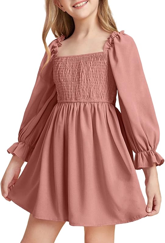 Little Girls Kids Summer Chiffon Ruffle Mini Dress Square Neck Lantern Sleeve Short Dress Tulle Smocked