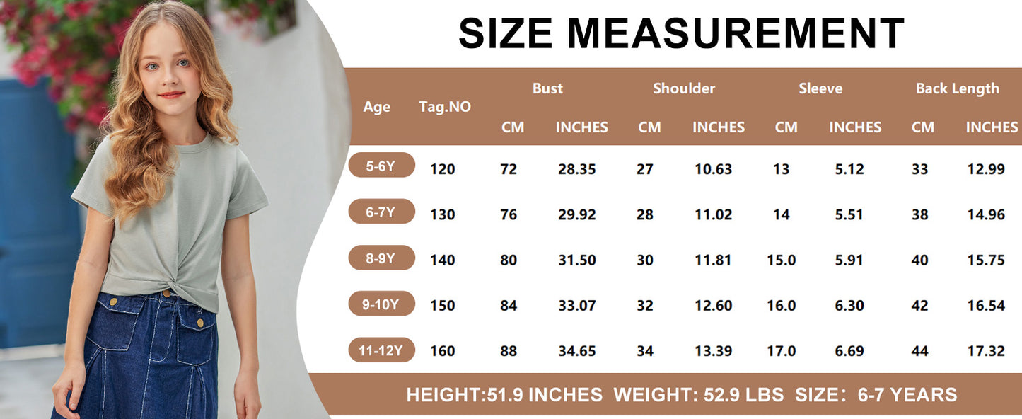 Arshiner Girls T-Shirts Twist Front Kids Summer Printed Round Neck Short Sleeve Tops Casual Fashion Tee Shirt for Girls 5-12 Years