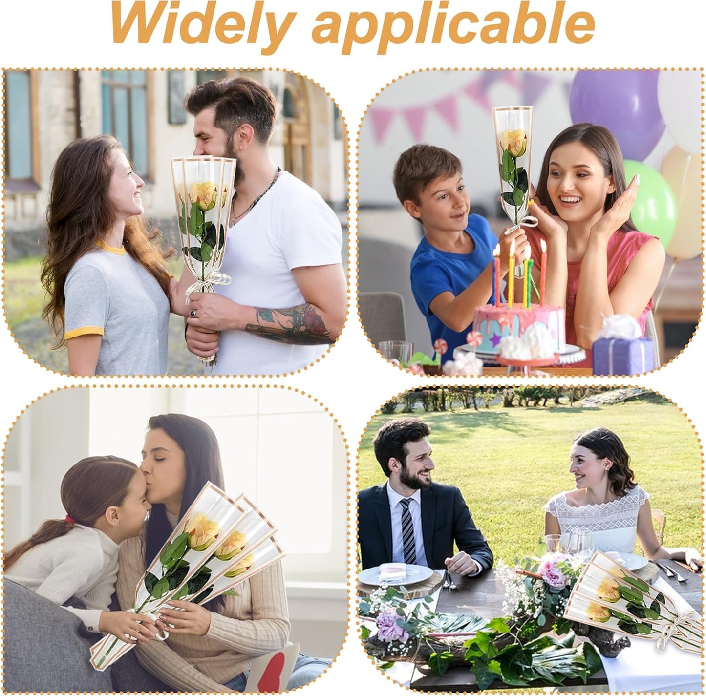 Flower Packaging Kit, 100 Flower Wrapping Bag Single Rose Sleeve 100 Floral Water Tubes 72ft Ribbon Single Flower Packaging Bags for Wedding Party Florist Birthday Bouquet Flower Wrapping (White)