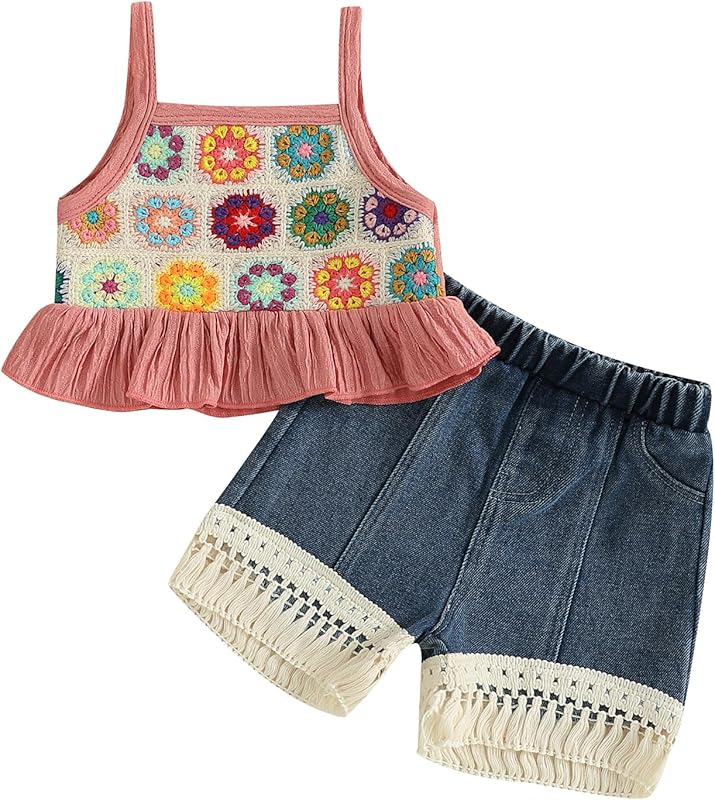 Emmababy Toddler Girls Denim Shorts Set Ribbed Crop Tank Top Sleeveless Bow Jean Shorts Skirt Western Baby Summer Clothes