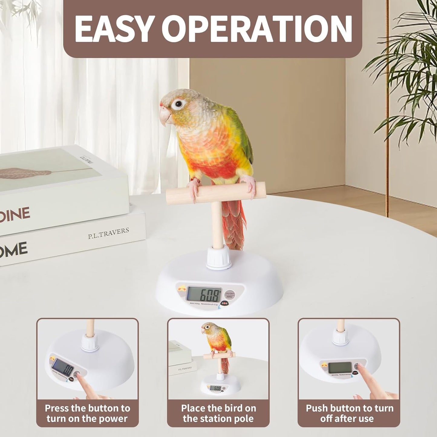 Pet Scale for Birds, Parakeet Weight Scale, HD Backlit Display Capacity 1.1lbs(500g) High Accuracy 0.1g Scale Easy Install Bird Training Stand and Perch Designed for Small Birds & Reptiles