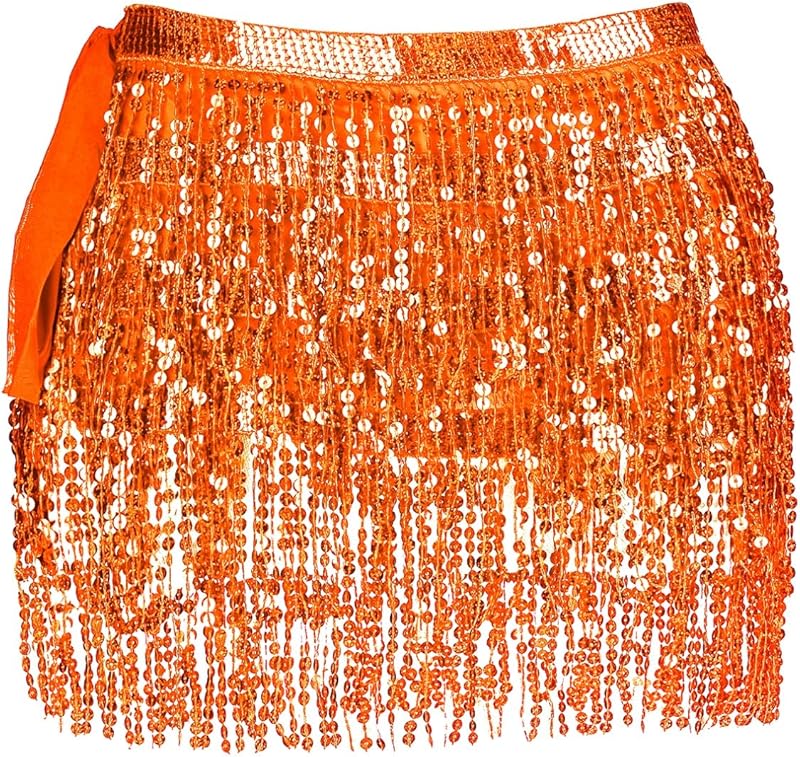 Women Belly Dance Skirt Tassel Fringe Skirts Sparkly Sequin Hip Scarf Party Costume