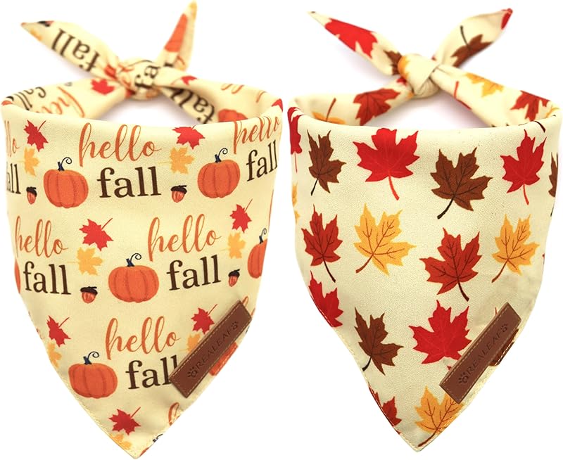 Realeaf Halloween Dog Bandanas 2 Pack, Pumpkin and Spider Web Bibs, Triangle Reversible Fall Pet Scarf, Premium Durable Fabric, Adjustable Fit (Large)