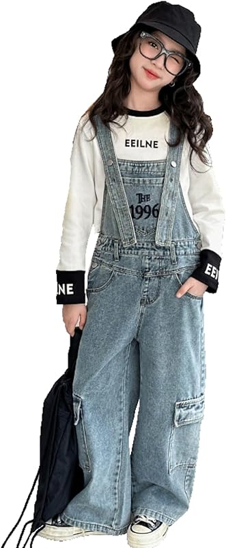 Rolanko Girls Overalls Denim Bib Distressed Jumpsuit Kids Blue Baggy Jean Pants 4-14 Years with Pockets