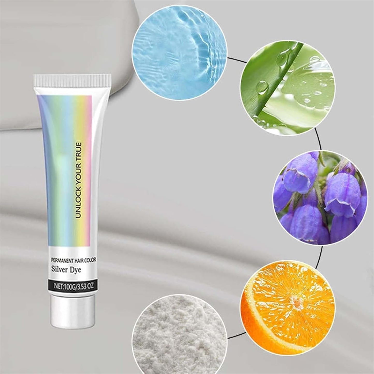 2 in 1 Natural Essence Extract Silver Hair Dye, Silver Metallic Hair Dye, Silver Gray Natural Hair Dye Cream, Fashion Silver Gray Hair Dye Permanent, for All Hair Types (Silver, 1Pcs)