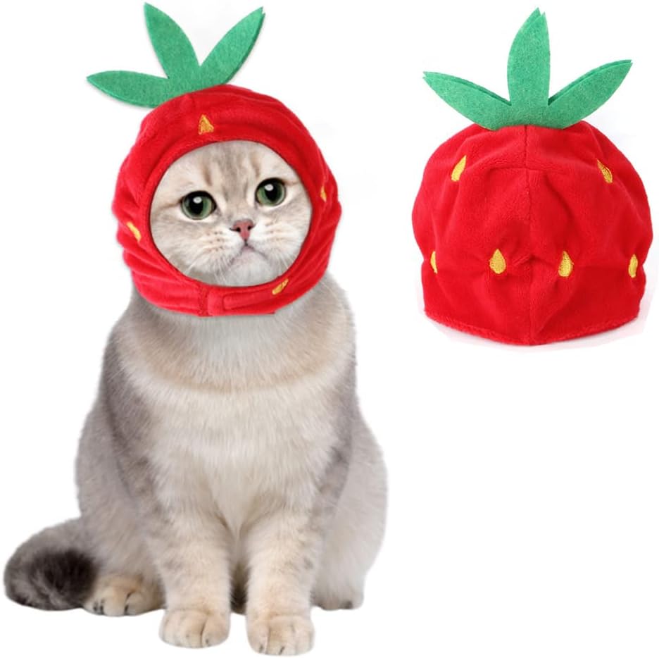 XS Dog Halloween Costume Adjustable Cat Strawberry Hat Cute Pet Headgear Puppy Warm Cap Head Accessories for Small Dogs Kitten Rabbit (Strawberry)