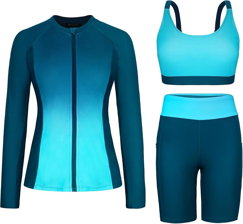 Arolina Womens Rash Guard Long Sleeve Swim Shirts Swimsuit 2025 Bathing Suit with Womens Swim Shorts & Two Pockets