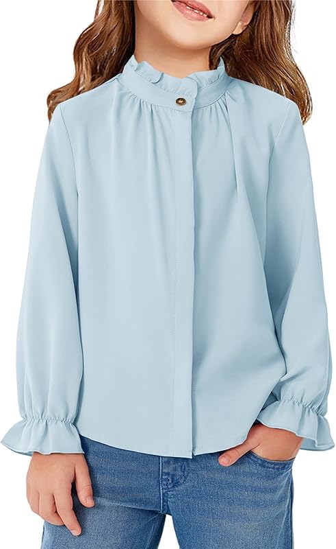 Haloumoning Girls Ruffle Long Sleeve Blouse Kids Button Down Uniform Dress Shirts 5-14 Years