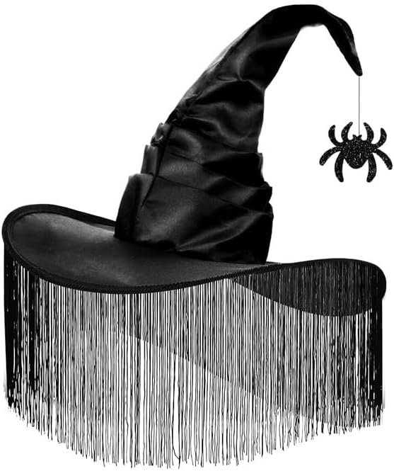 Black Witch Hat for Women, Halloween Witches Hat Adult with Veils, Large Witch Hats Cute Fancy Sorting Cap for Halloween Sexy Cosplay Costume Birthday Party Decorations Dress up Headwear with Spider