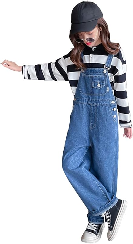 Rolanko Girls Overalls Denim Bib Distressed Jumpsuit Kids Blue Baggy Jean Pants 4-14 Years with Pockets