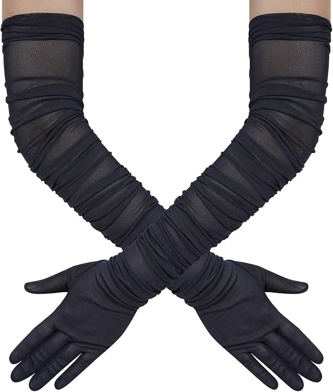Hazhlko Women's Super Long Stretchy Ruched Mesh Tulle Sheer Gloves Costume Opera Party 1920's Dance Gloves