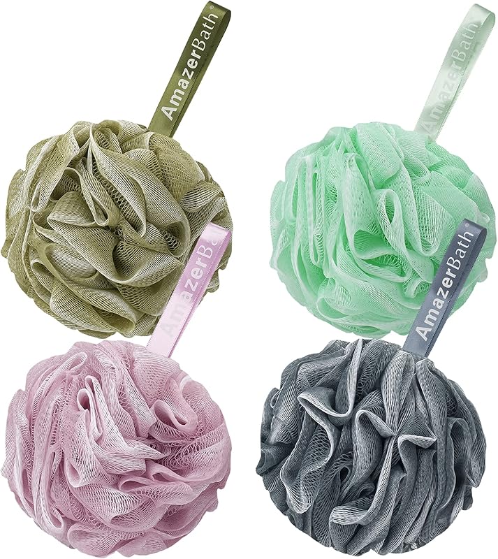 AmazerBath Loofah Sponge 75g/Piece, Exfoliating Bath Sponge Body Scrubber - Loofa Set of 4 Flower Color (Large, Green-Purple)