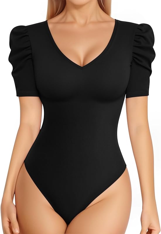 MANGOPOP Women's Bodysuit Deep V Neck Puff Short Sleeve Slim Fit Body Suits Casual Blouse Tops Elegant