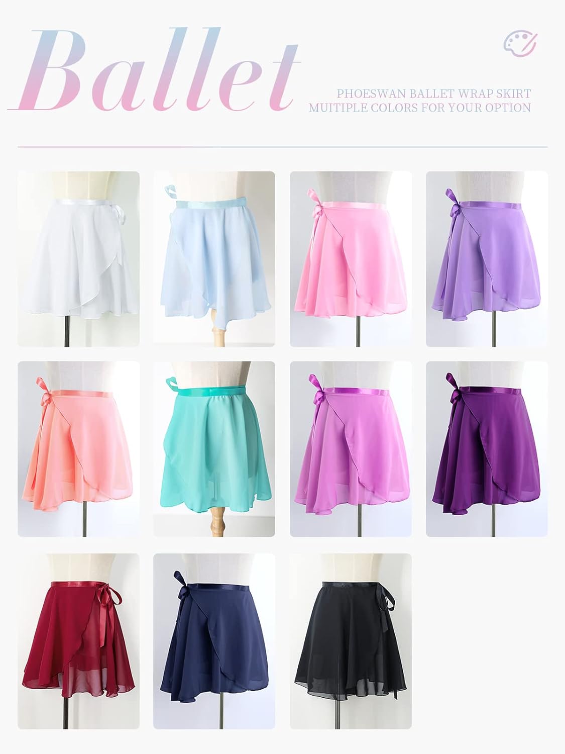 Phoeswan Dance Skirts for Girls (S/L) & Women (XL), Ballet Chiffon Wrap Skirt with Ties