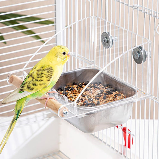 No Mess Bird Feeder for Cage with Perch,Bird Cage Seed Catcher with Anti-Slip Wodden Stand, Bowls Parakeet Feeder,Perfect for Psittacus Erithacu,Medium Parrot, Conures, Caiques & Small Cockatoos