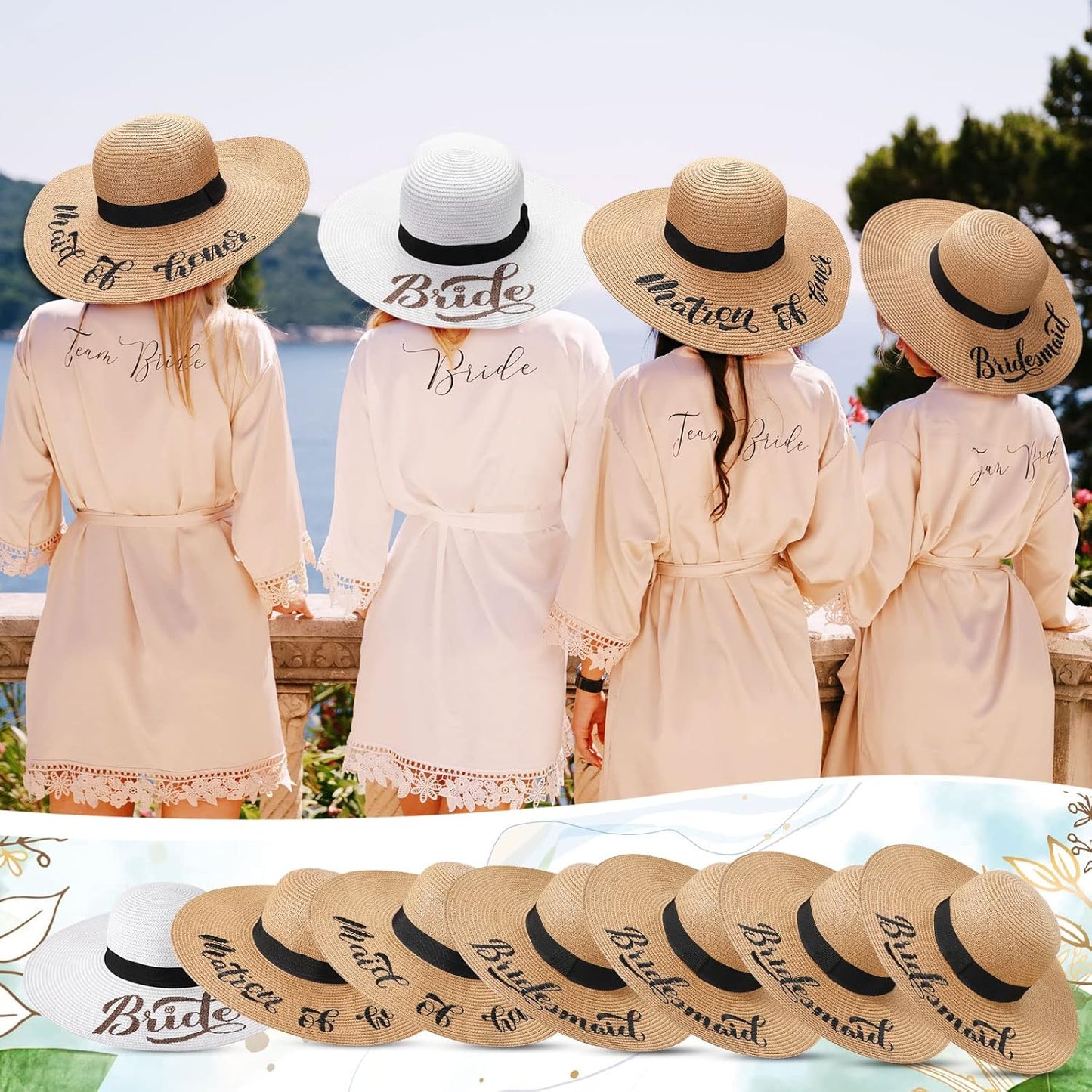 Geyoga 7 Pcs Bride and Bridesmaid Sun Hat Bulk Foldable Floppy Women Hat for Bachelorette Party Gift Honeymoon