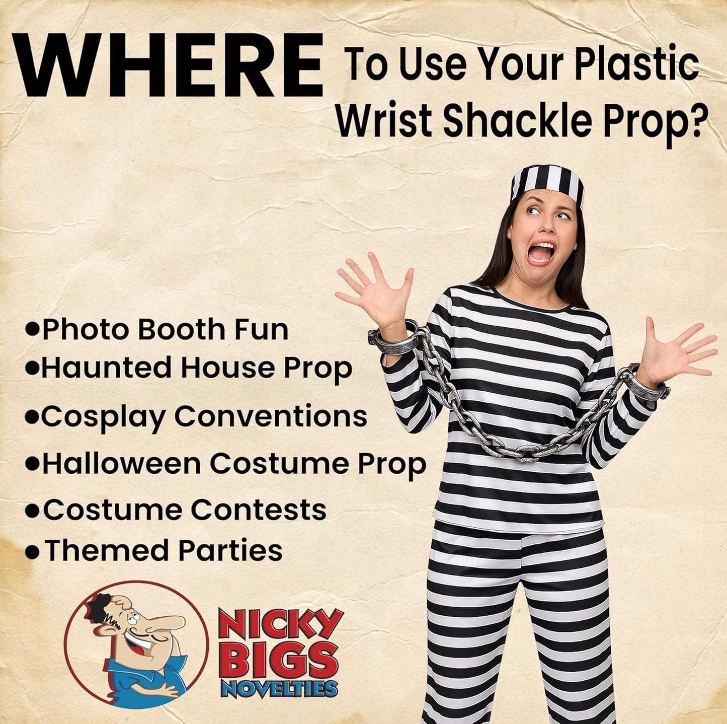 Nicky Bigs Novelties Plastic Shackles with Chain 34.5" Fake Handcuffs Prop for Prisoner Ghost Dungeon Halloween Costume Haunted House Decor Lightweight Adult Accessory