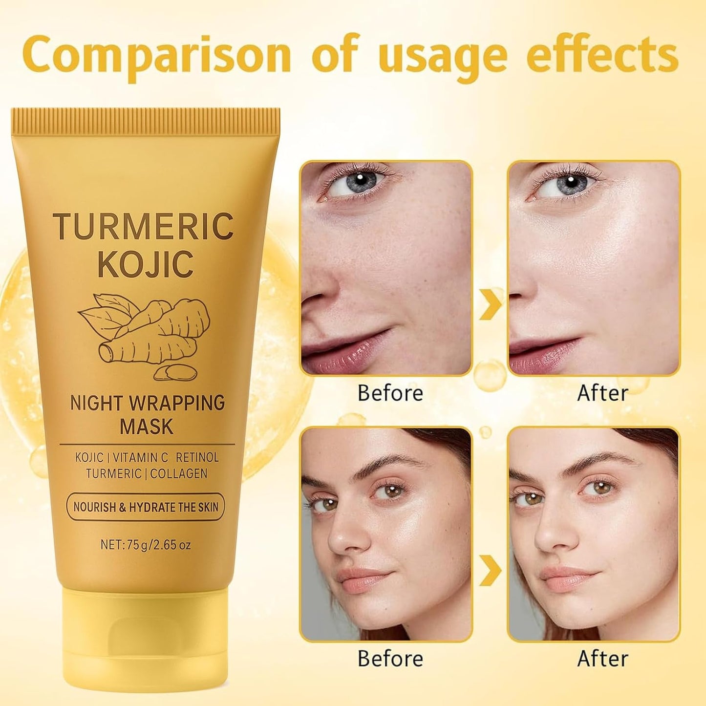 Turmeric Kojic Collagen Peel Off Mask, Turmeric Overnight Wrapping Peel Off Gel Mask for Spots Remover, Dull Skin, Controlling Oil, Skincare Facial Mask 2.65 Fl Oz (2)