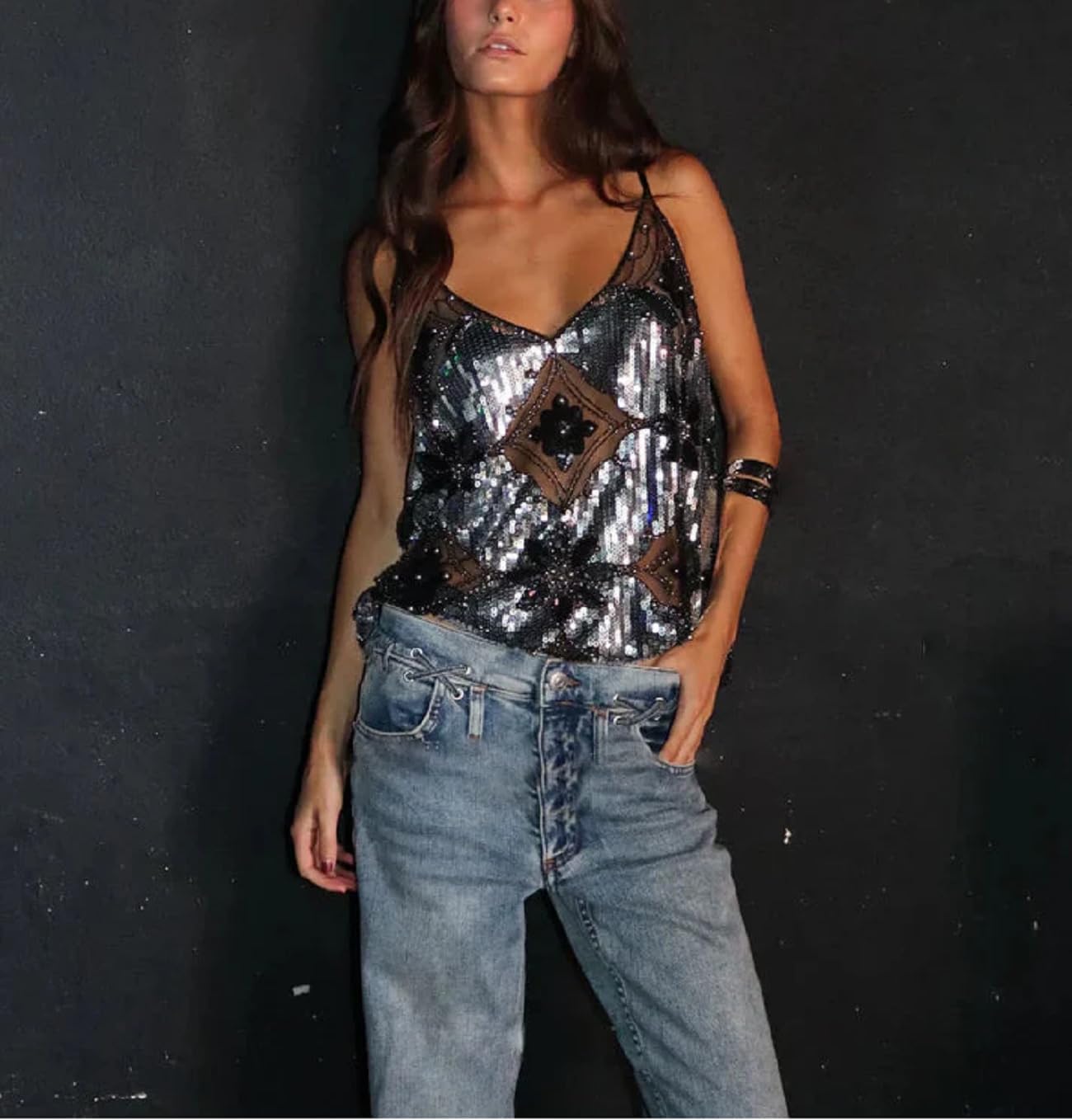 Women Y2K Sequin Cami Top Sexy Sparkly V Neck Tank Top Backless Glitter Crop Tops Floral Rhinestone Clubwear