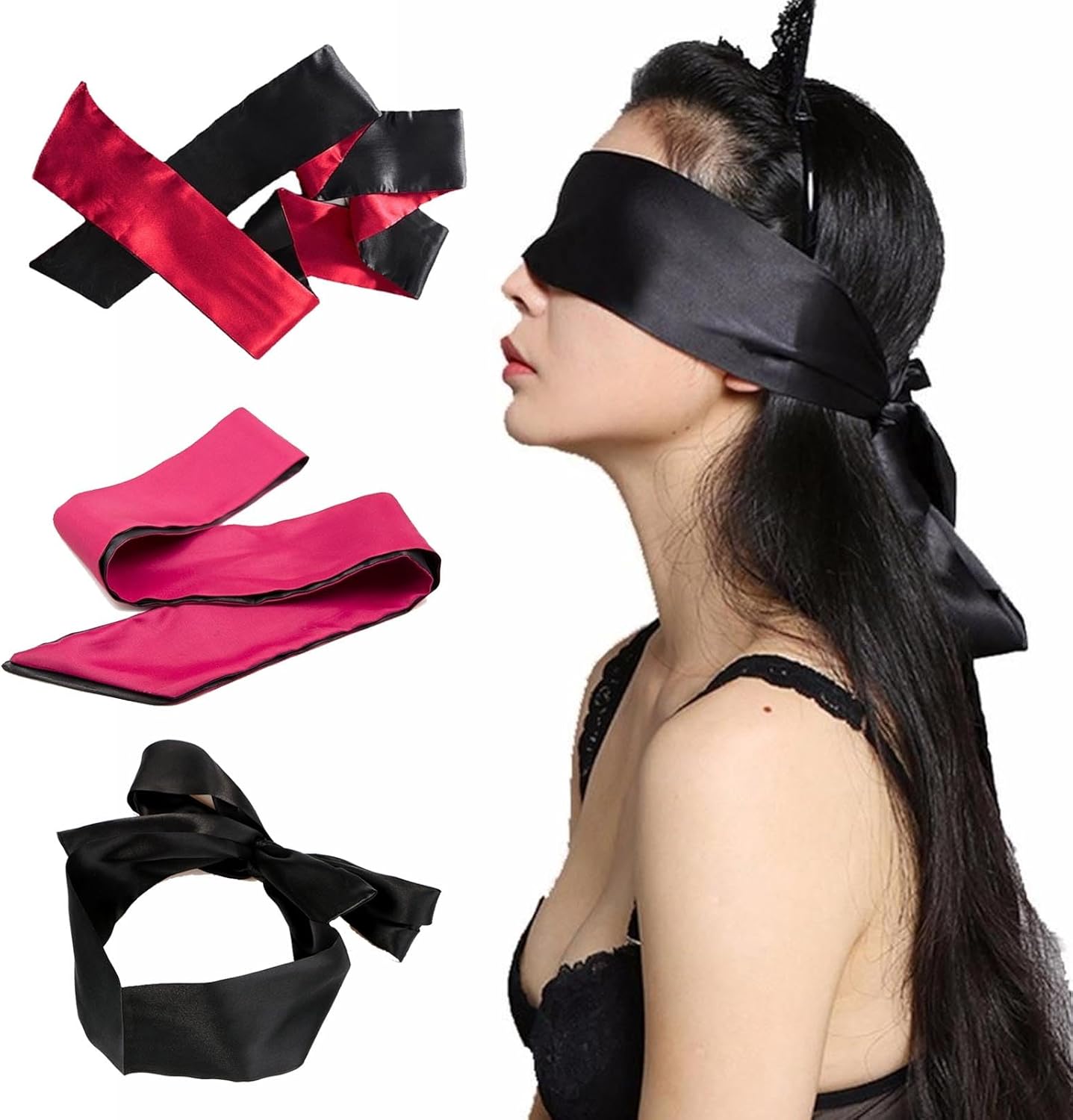 AWAVM Blindfold,3 Pcs Silk Satin Blindfold,Eye mask for Sleeping Games Satin Silk Eye Covers Satin Sleep Mask Valentine Gift 145cm(Black Red Rose Red)