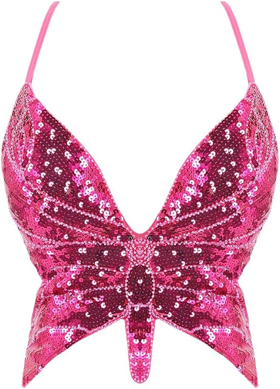 Mocure Womens Glitter Sequin Butterfly Crop Top Low-Cut Tank Top Rave Tube Vest Top for Belly Dance Costume Outfits