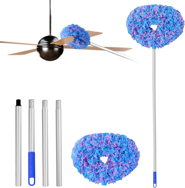 Ceiling Fan Cleaner Duster Reusable Microfiber Ceiling Fan Blade Cleaner Removable Duster with Extension Pole Adjusts 13 to 49.7 Inch for Cleaning Walls Bookshelves Furniture Door Window Top (Blue)