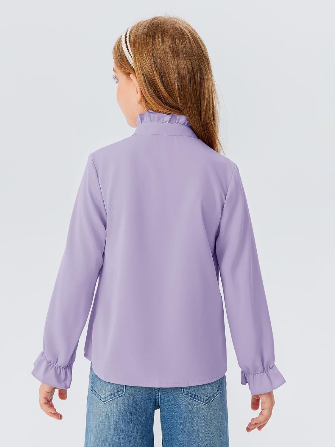 Haloumoning Girls Ruffle Long Sleeve Blouse Kids Button Down Uniform Dress Shirts 5-14 Years