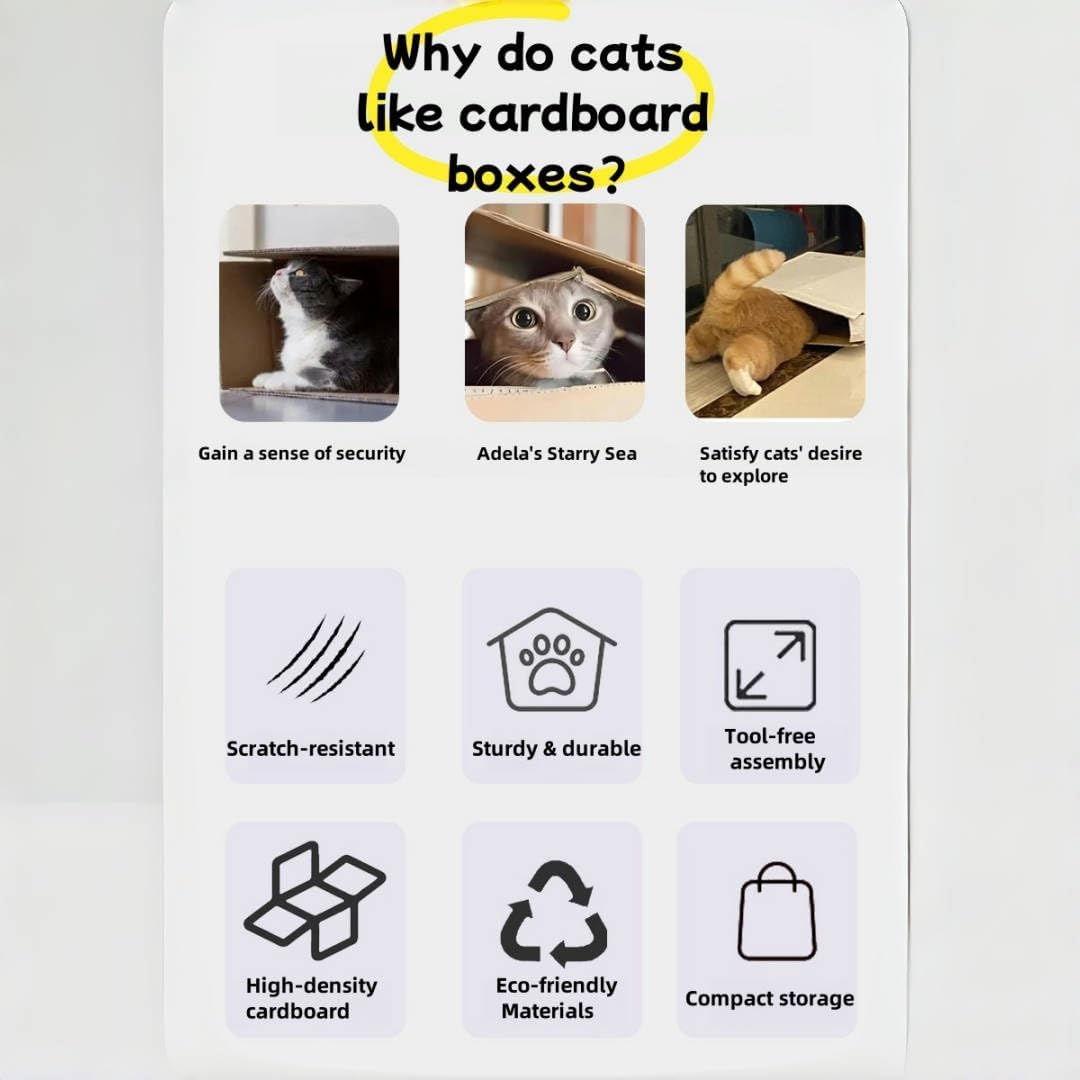 Dual-Level Cat Scratcher & Cozy Cat Cave House - Space-Saving Durable Corrugated Fiberboard for Indoor Cats, Furniture Protector with Adventure-Ready Design Cardboard Cat House