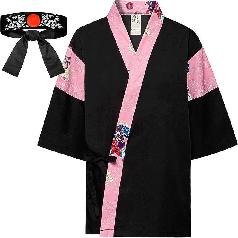 Japanese Sushi Restaurant Chef Coat Uniforms, 3/4 Sleeve Kimono Floral Workwear Jacket Dragon Black Headband XL