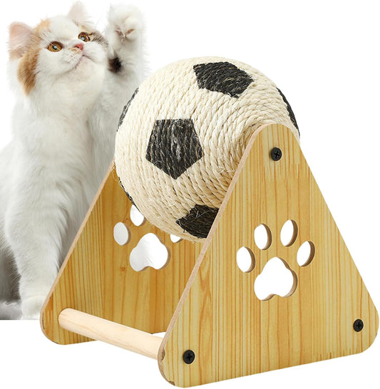 Kugelkratzer für rotierende Katze mit Holzsockel Fußballspielzeug Selbstspiel mit integrierter Nagelfeile | Interaktive Bewertung für Übungen und Anreicherung für Kätzchen und Katzen im Innenbereich |