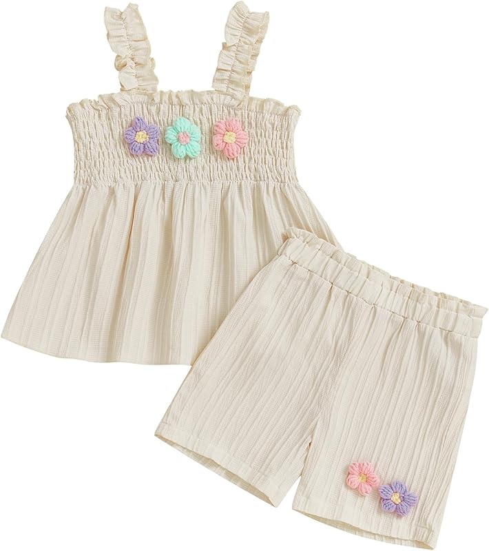Toddler Baby Girl Summer Outfit 3D Flower Embroidery Smocked Sleeveless Tops Elastic Waist Shorts 2Pcs Clothes Set