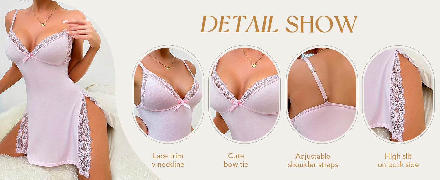 Sexy Night Gowns for Women Babydoll Lingerie Dress Lace Trim Sleep Dress Chemise Nightgowns Side Split Nighty