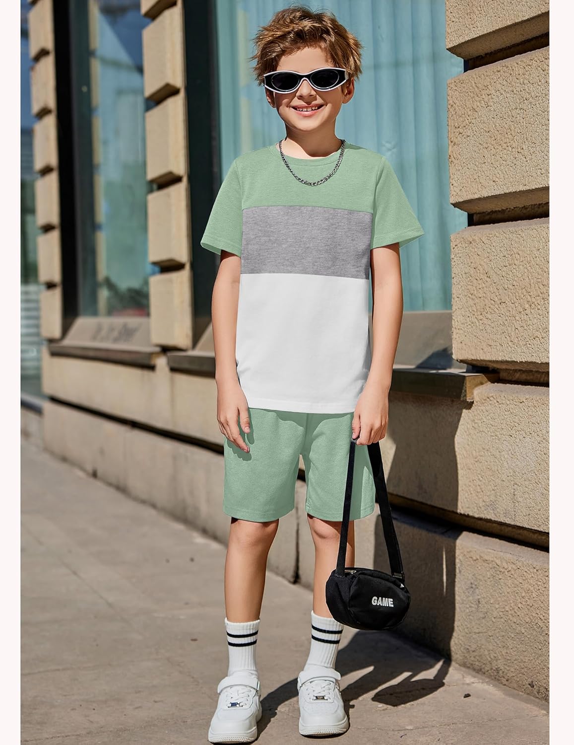 Arshiner Boys' 2-Piece Cotton Outfit Color Block T-Shirt and Shorts Set Casual Summer Clothes for Kids 6-14 Years