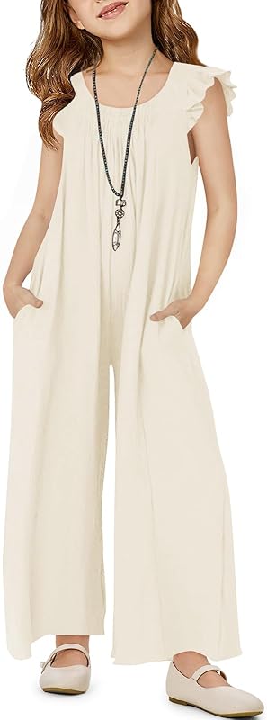 Haloumoning Girls Wide Leg Loose Jumpsuit Kids Casual Ruffle Sleeve Round Neck Romper with Pockets 5-14 Years