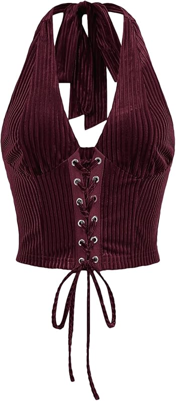 Verdusa Women's Going Out Halter Corset Tops Sleeveless Lace Up Open Back Crop Top