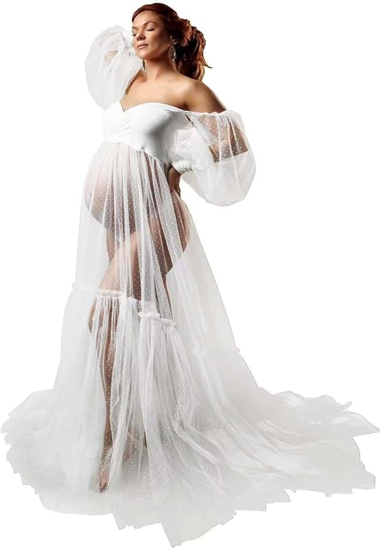 Off Shoulder Tulle Maternity Dress for Photoshoot Puffy Sleeve Wedding Bridal Pregnancy Robe Baby Shower Photography
