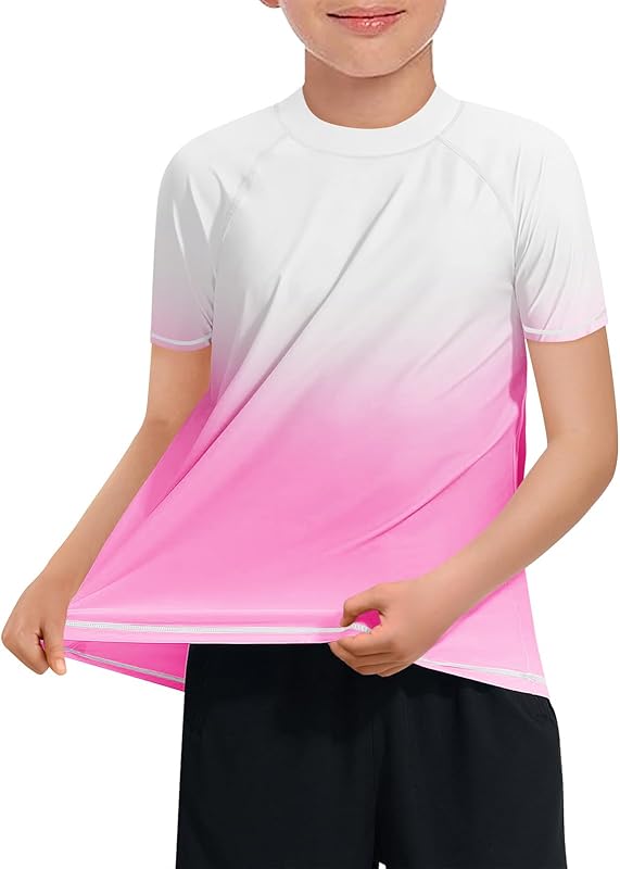 Haloumoning Boys Gradient Rash Guard Swim Shirt Short Sleeve UPF+ 50 Sun Shirts for Kids Rashguard Water Shirts